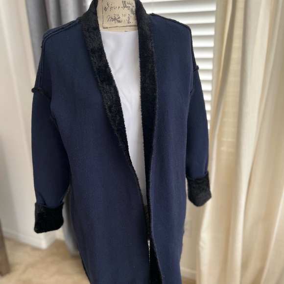 Love Token Navy Blue Open Front Cardigan with cozy fur-like lining. - Picture 14 of 15